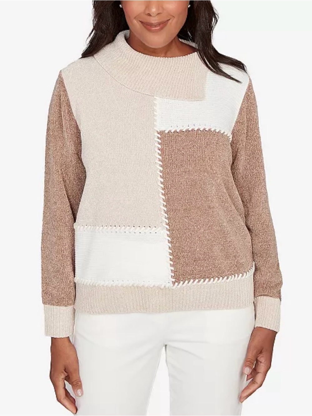 Alfred Dunner Vienna Neutral Tones Colorblock Sweater Petite Large